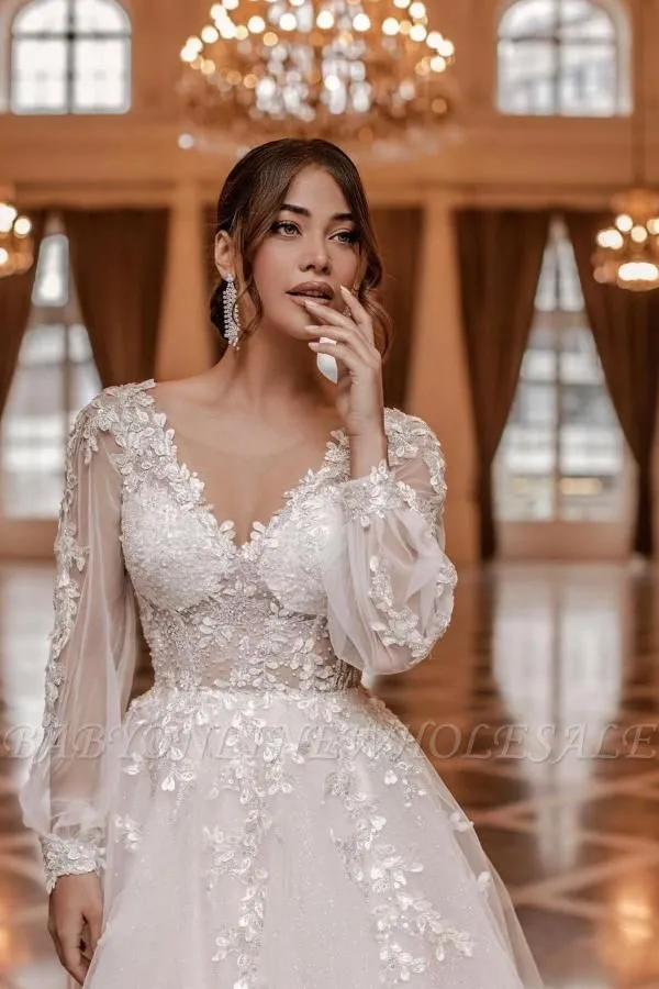 Charming V-neck Long Sleeves A-Line Chapel Train Wedding Dress With Appliques - Image 2
