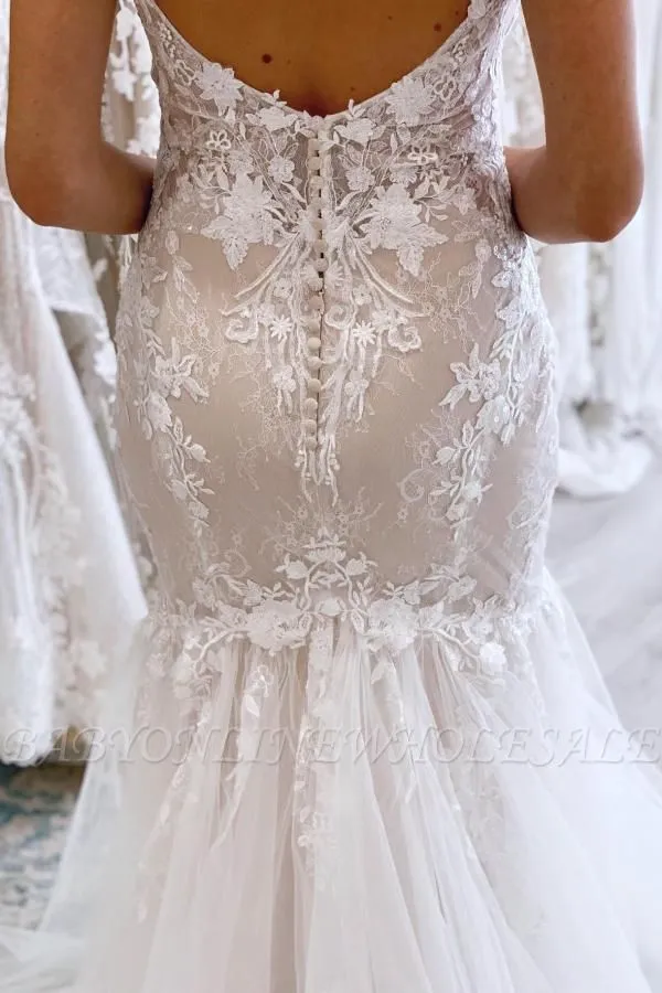 Gorgeous Floral Lace Mermaid Wedding Dress Spaghetti Straps V-Neck Bridal Gown - Image 4