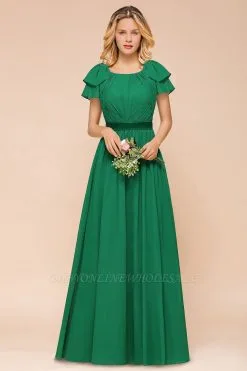 Cap Sleeves Aline Evening Maxi Dress Green Stretch Satin Long Bridesmaid Dress