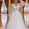 Charming V-neck Long Sleeves A-Line Chapel Train Wedding Dress With Appliques