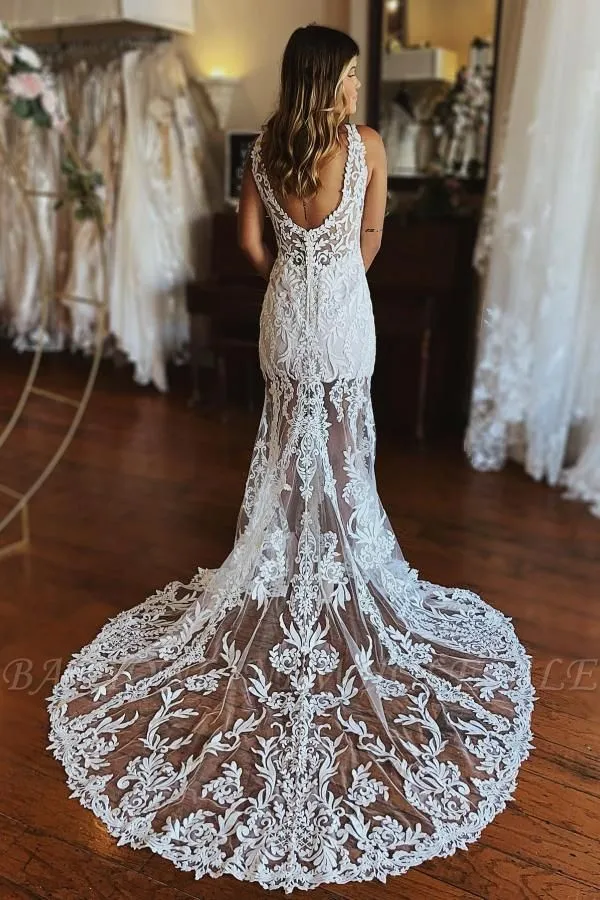 Stylish Floral Lace Mermaid Wedding Dress Deep V-Neck Front Slit Bridal Dress - Image 2