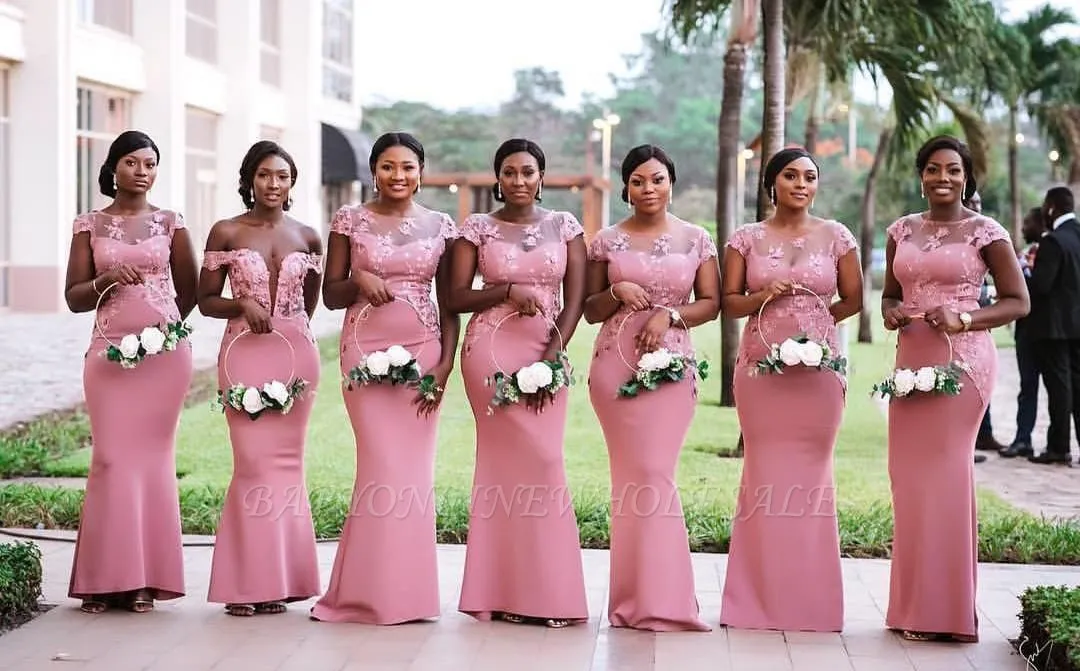 Pink Mermaid Bridesmaid Dress | Lace Cap Sleeve Wedding Reception Dress BM0614 - Image 3