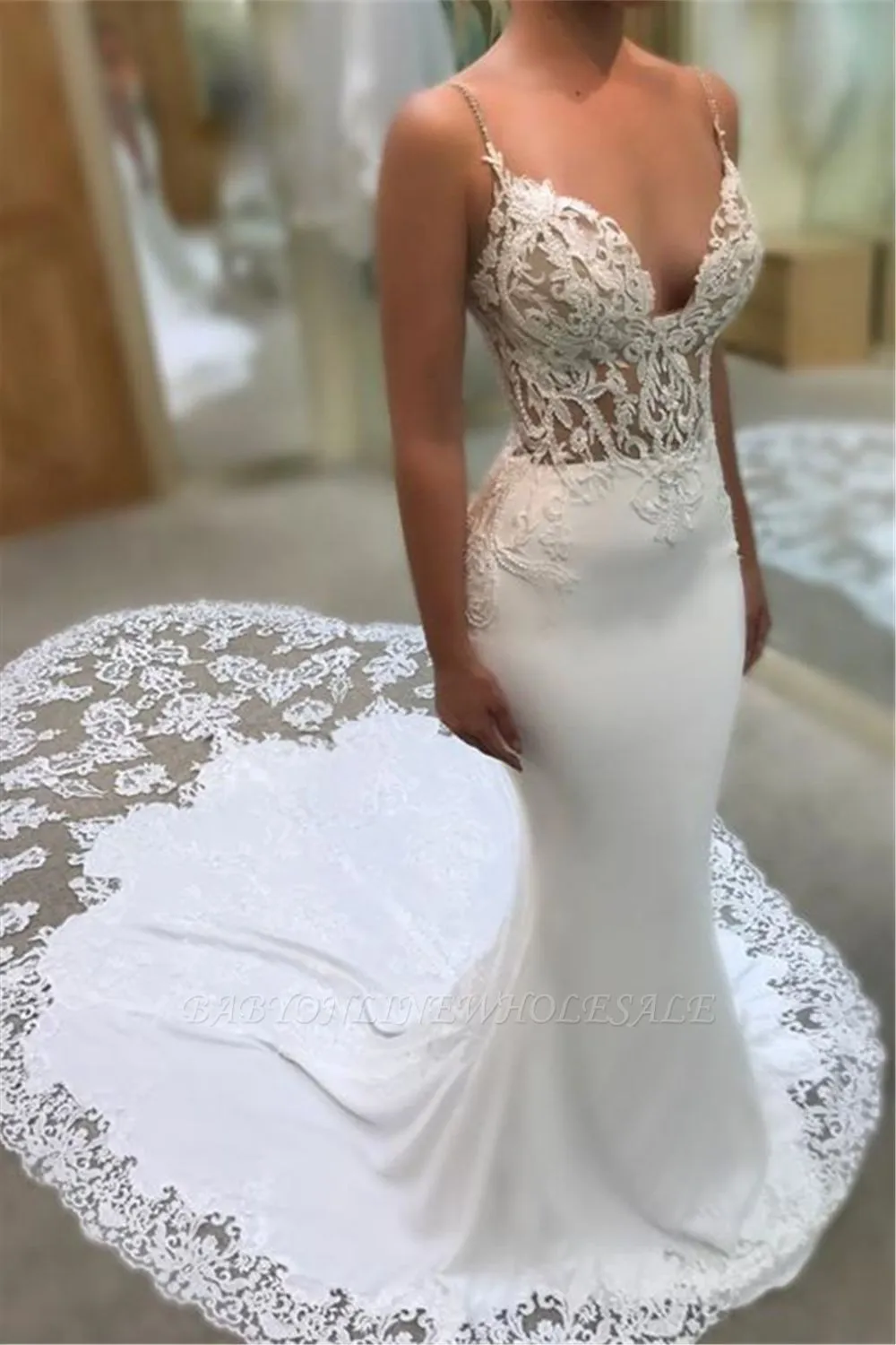 Mermaid Spaghetti Sleeveless Appliqued Lace Court Train Wedding Dresses