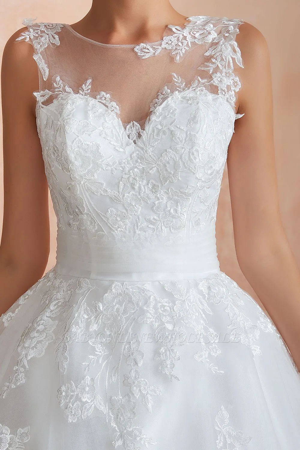 Cain | Illusion Neck White Wedding Dress With Exqusite Lace Appliques, Sleeveless V-back Bridal Gowns Online - Image 5
