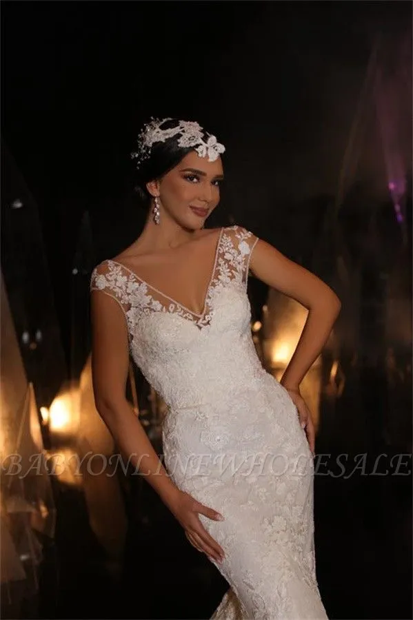 Charming V-Neck Mermaid Floor Length Sleeveless Tulle Wedding Dress - Image 2