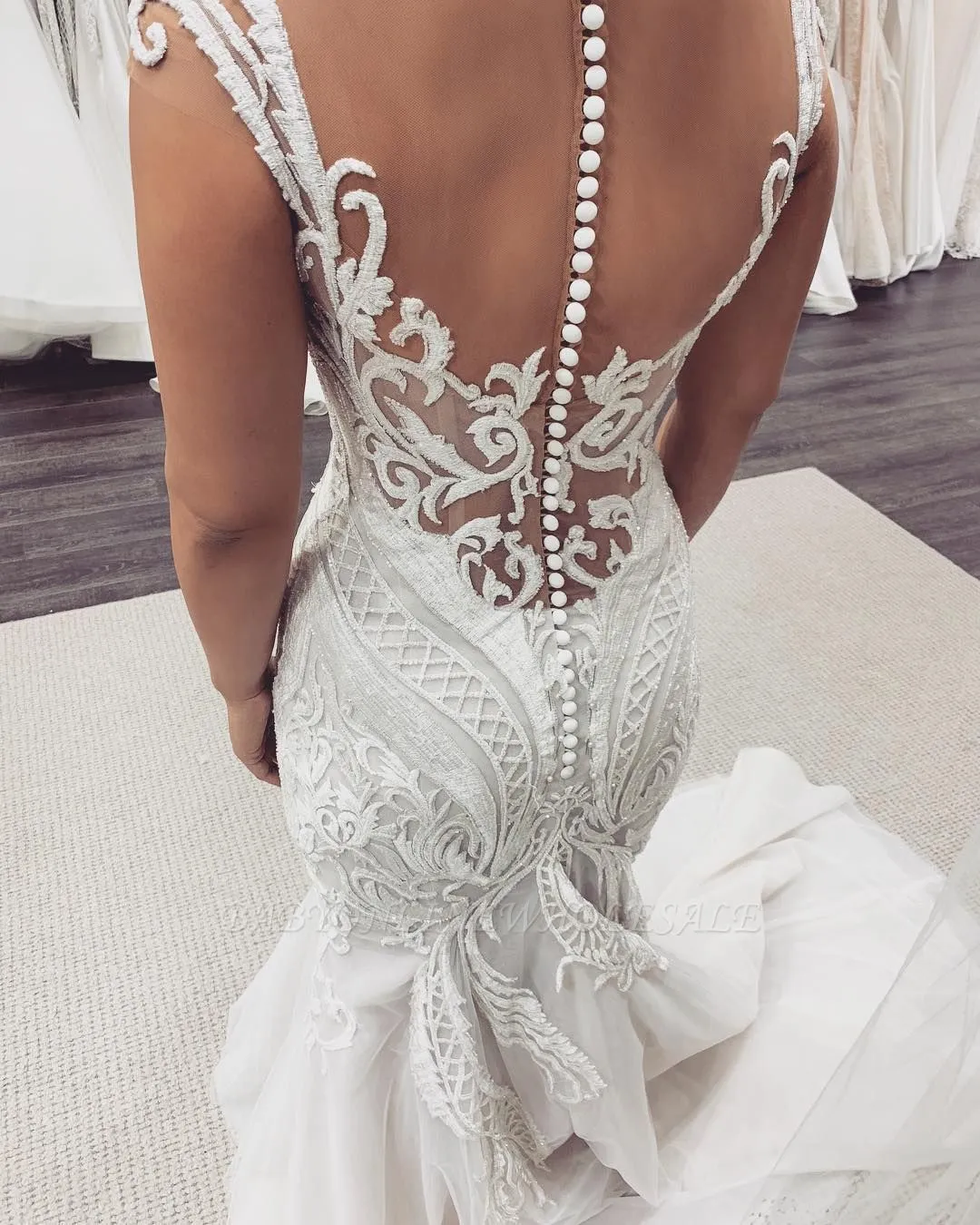 Cap Sleeves White Lace Mermaid Court Train Wedding Dress - Image 2