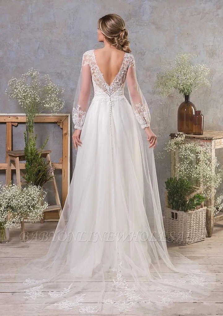 Elegant Puffy Sleeves A-line Tulle Simple Wdding Dress - Image 2