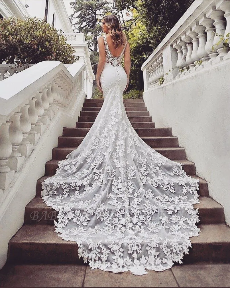 Gorgeous Train Sleeveless V-neck Lace Mermaid Wedding Dresses - Image 3