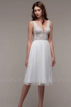 Simple V-Neck Sleeveless Short Wedding Dress Sheath Midi Dress For Women