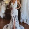 Stylish Floral Lace Mermaid Wedding Dress Deep V-Neck Front Slit Bridal Dress