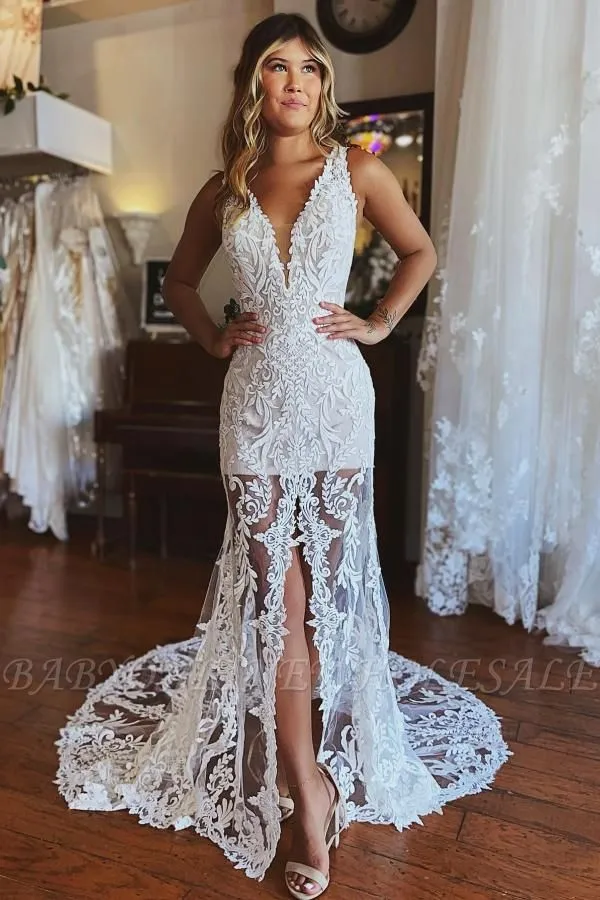 Stylish Floral Lace Mermaid Wedding Dress Deep V-Neck Front Slit Bridal Dress