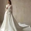 Elegant Deep V-Neck Satin Wedding Dress With Sweep Train Long Sleeves BowTie Aline Bridal Dress
