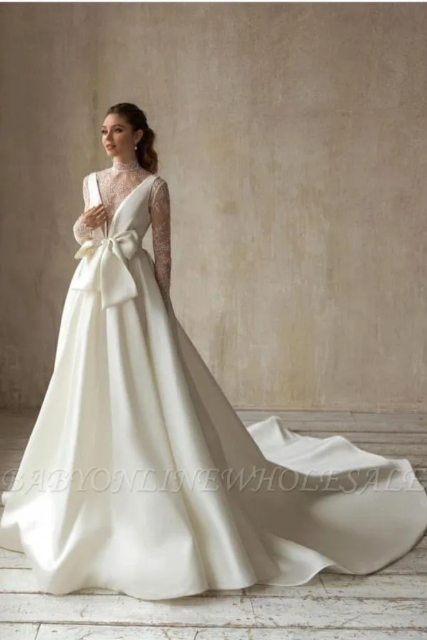 Elegant Deep V-Neck Satin Wedding Dress With Sweep Train Long Sleeves BowTie Aline Bridal Dress