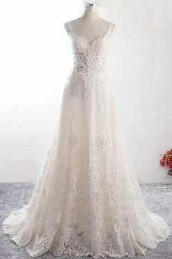 Charming Ivory Floor Length A-Line Straps Tulle Wedding Dress With Appliques