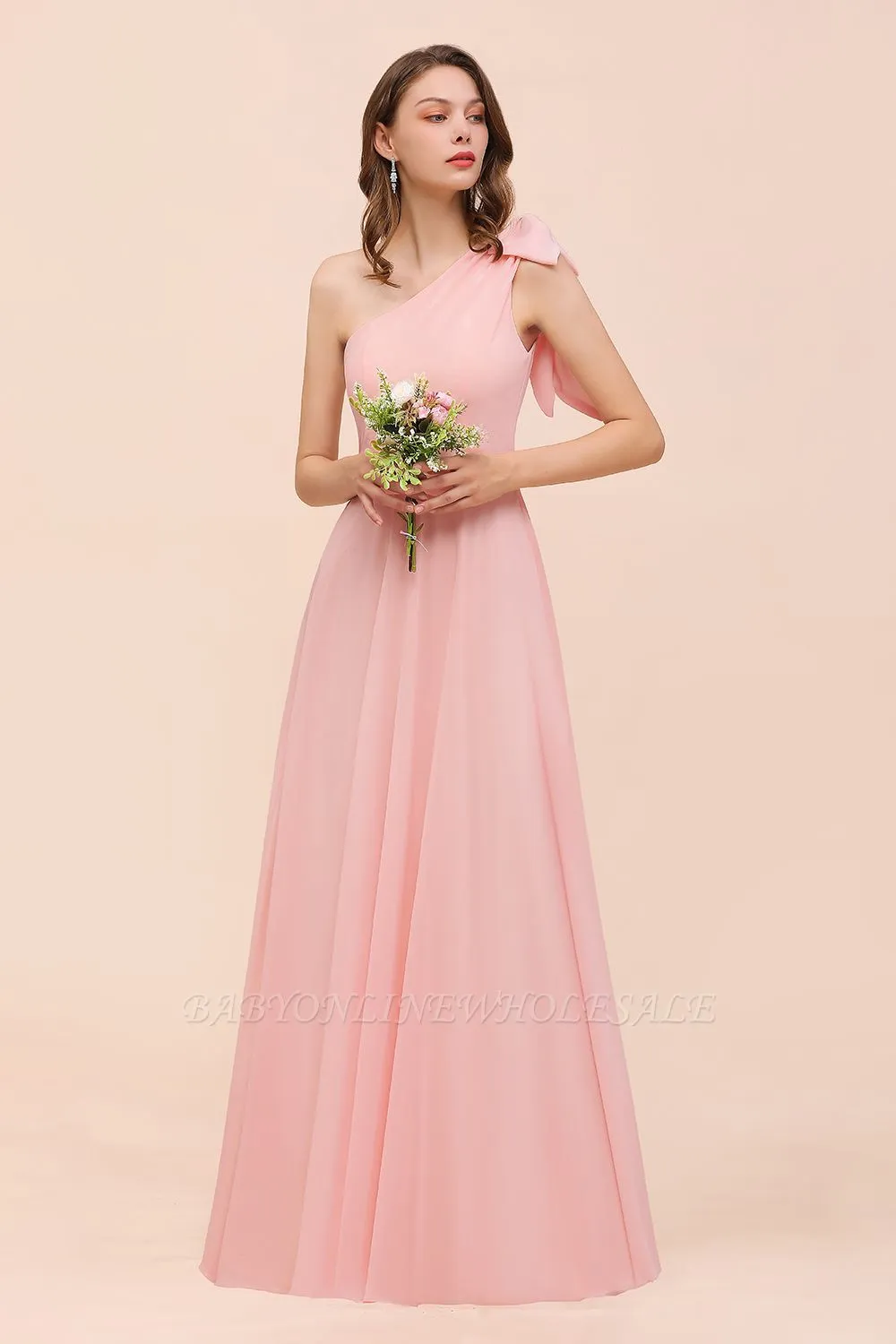 One Shoulder Soft Chiffon Bridesmaid Dress Pink Maid Of Honor Dress - Image 3