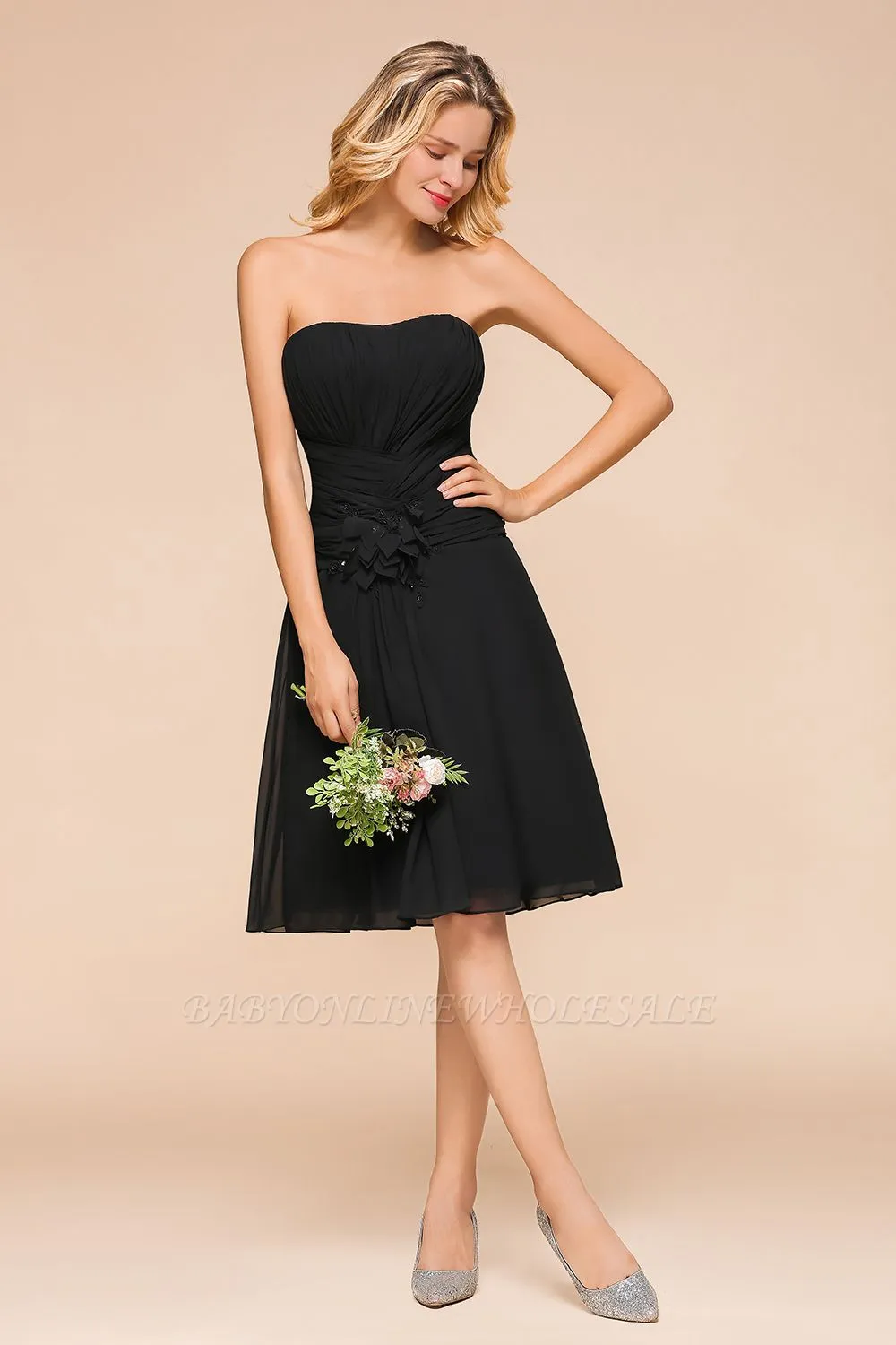 Black Sleeveless Chiffon Short Wedding Party Dress Knee Length - Image 3