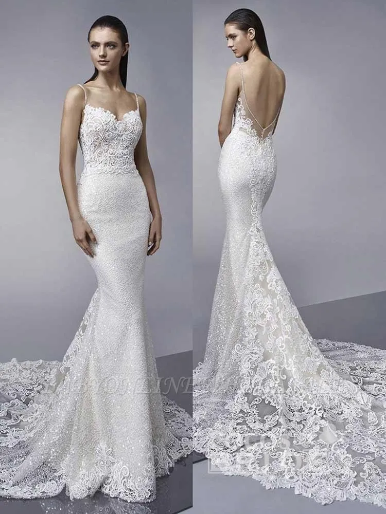 Spaghetti Straps Shiny Sequins Mermaid Wedding Dresses | Backless Appliques Bridal Gowns - Image 3