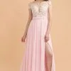 Cap Sleeves Lace Appliques Bridesmaid Dress Pink Chiffon Aline Wedding Party Dress With Side Slit