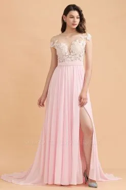 Cap Sleeves Lace Appliques Bridesmaid Dress Pink Chiffon Aline Wedding Party Dress With Side Slit