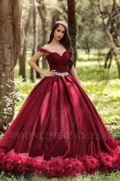 Burgundy Wedding Dress Princess A-line Velvet Off Shoulder Ball Gown