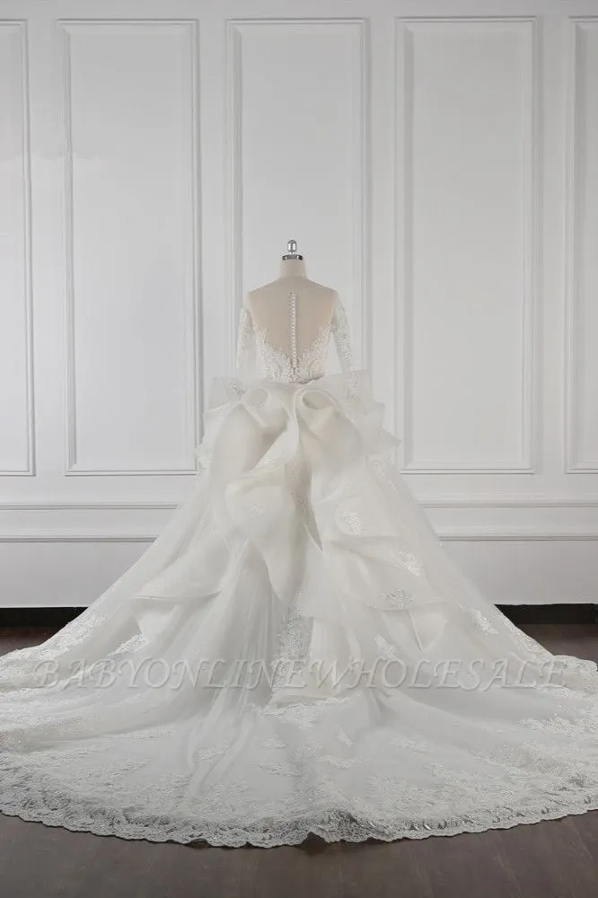 Charming Long Sleeves Floor Length Jewel Tulle Wedding Dress With Ruffles - Image 3
