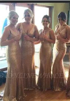 Stunnning V-Neck Sequins Gold Bridesmaid Dresses Plus Size Long Floor Length