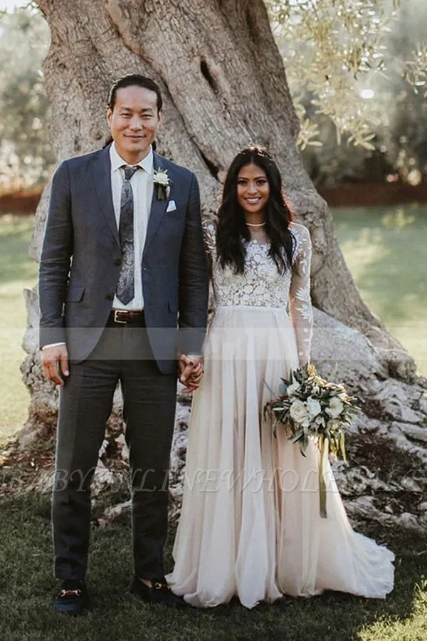 Stylish Long Sleeves Aline Wedding Dress Chiffon Bridal Gown Floor Length - Image 2