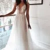 Chic Tulle A-line Ivory Lace V-neck Summer Beach Wedding Dress