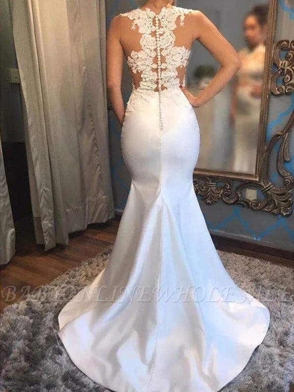 Satin Mermaid Scoop Sleeveless Applique Court Train Wedding Dresses - Image 3