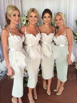 Delicate Appliques Mermaid Bridesmaid Dress Spaghetti Strap Ruffles