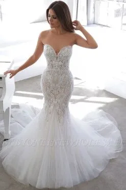 Simple Summer Style White Sweetheart Mermaid Lace Wedding Dress Online