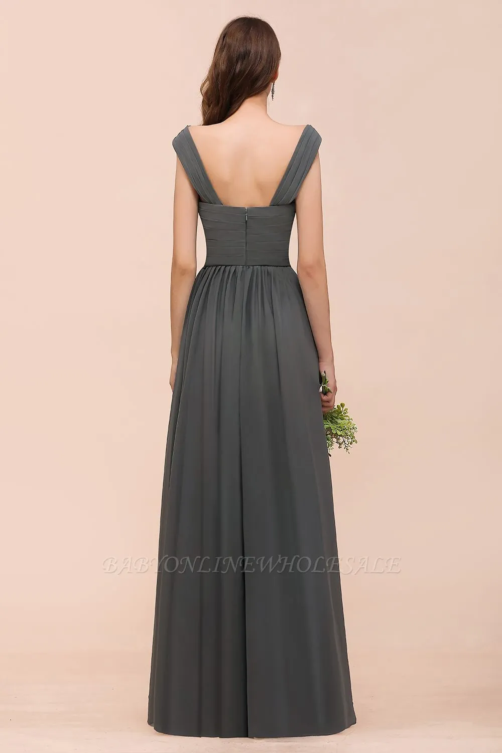 Grey Cap Sleeves 100D Chiffon Long Evening Dress With Side Slit - Image 2