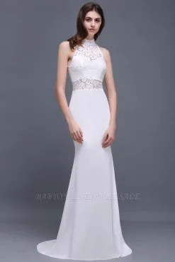 ALANNA | Mermaid High Neck Lace White Wedding Dresses With Ruffles