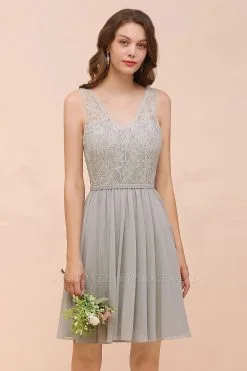 Chic V-Neck Lace Chiffon Short Party Dress Aline Bridesmaid Dress