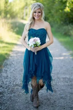Teal Country Bridesmaid Dresses Lace Top Tiers Chiffon Hi-Lo Party Dresses For Wedding