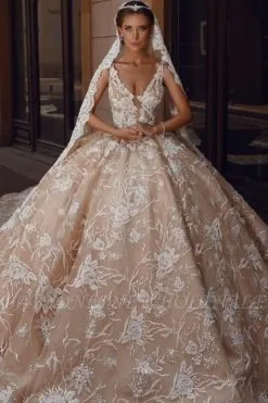 Glamorous V-Neck Sleeves Floral Pattern Ball Gown Champagne Aline Wedding Gowns