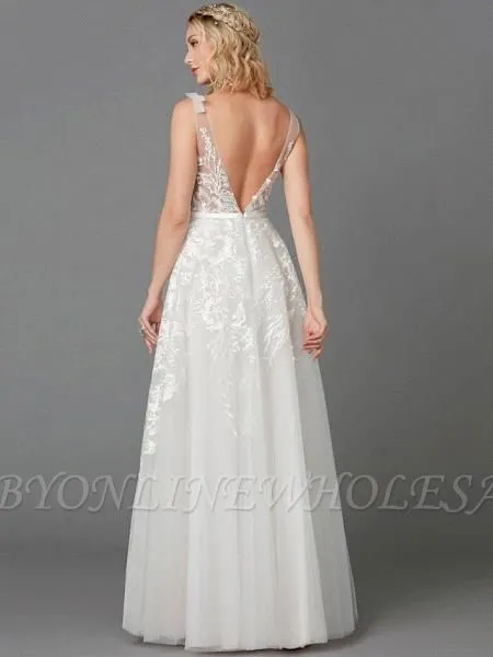 A-Line Wedding Dresses Plunging Neck Floor Length Lace Tulle Sleeveless See-Through - Image 3