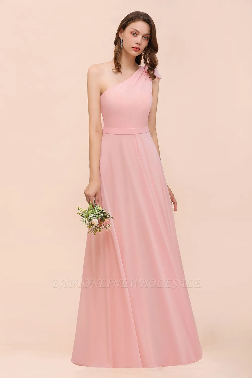 One Shoulder Soft Chiffon Bridesmaid Dress Pink Maid Of Honor Dress - Image 5