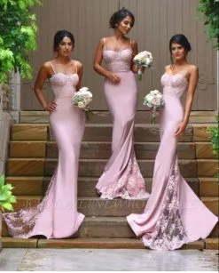 Newest Spaghetti Strap Mermaid Lace Bridesmaid Dress Sweep Train