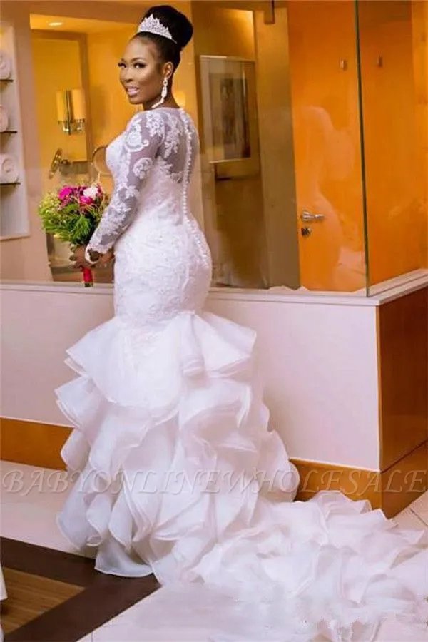 Elegant Jewel Long-Sleeves Tulle Lace Long Wedding Dress With Court Train - Image 2
