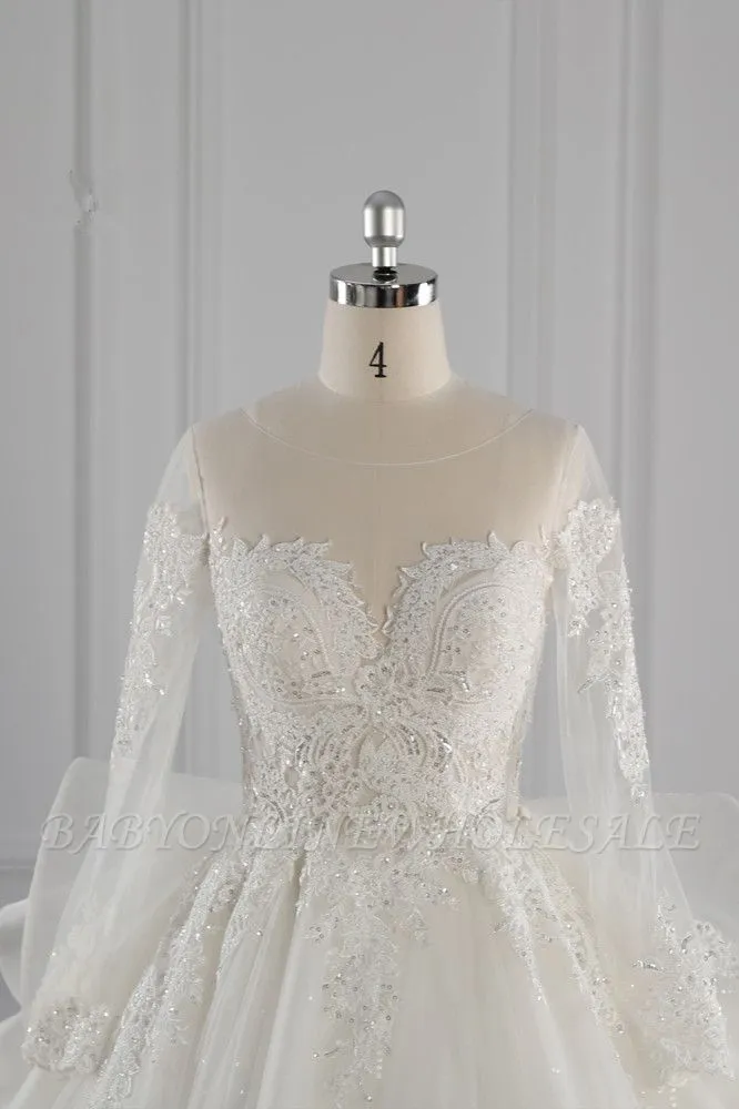 Charming Long Sleeves Floor Length Jewel Tulle Wedding Dress With Ruffles - Image 5
