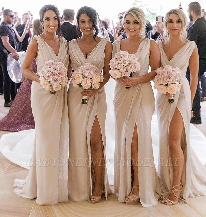 Simple Chiffon Long Bridesmaid Dresses | V-Neck Sleeveless Side-Slit Prom Dresses - Image 2