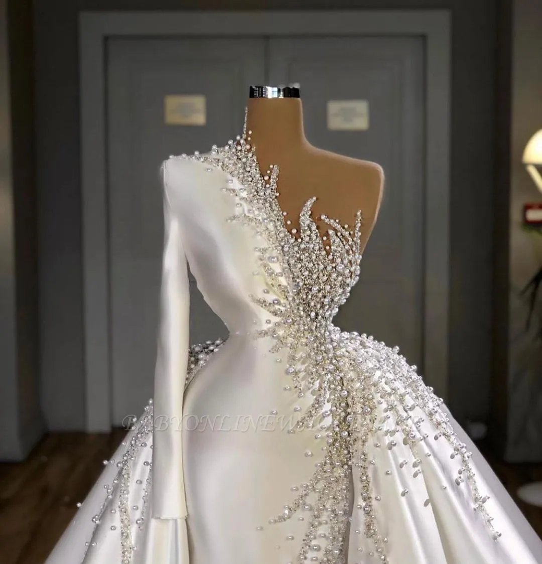 Charming One Shoulder Satin Mermaid Wedding Gowns Pearls Beading Party Gowns - Image 4