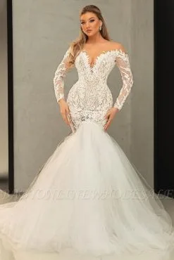 Gorgeous Long Sleeves Slim Mermaid Bridal Gown Tulle Lace Appliques