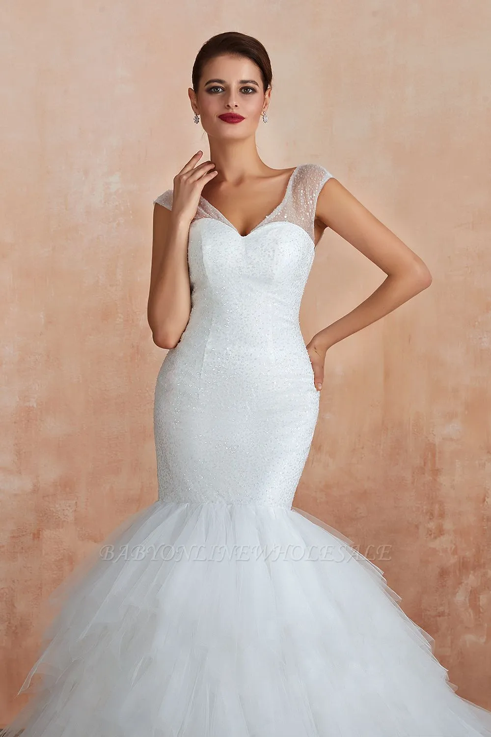 Catherine | Luxury V-neck Cap Sleeve Beach Low Back Lace Up White Close Fitting Bridal Gowns With Sequins - Image 6