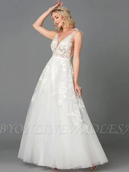A-Line Wedding Dresses Plunging Neck Floor Length Lace Tulle Sleeveless See-Through