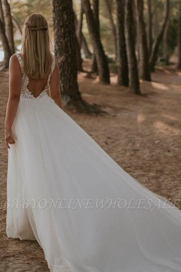 Straps V-neck Floor Length Sleeveless A-line White Beach Wedding Dress - Image 2