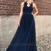 Elegant Chiffon Lace Bridesmaid Dress | Chic Sleeveless Navy Blue Wedding Party Dress