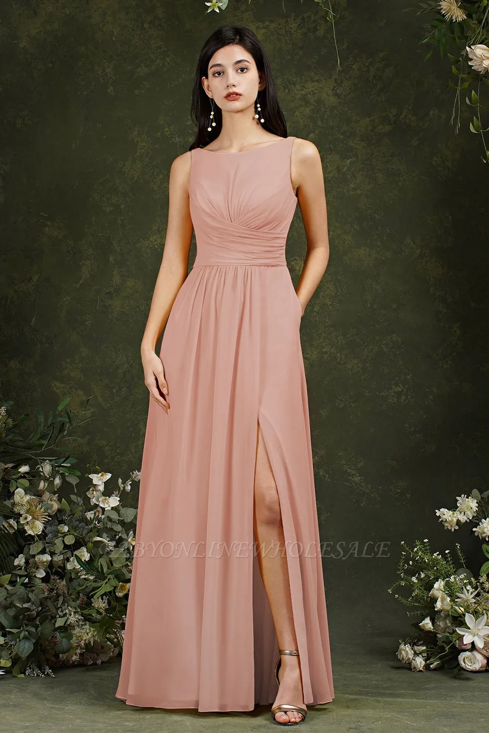 Bateau Ruffles Chiffon Floor-length A-Line Split Bridesmaid Dress With Pockets