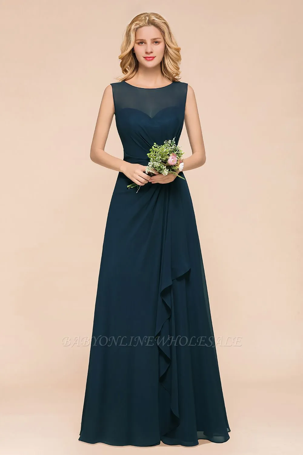 Jewel Neck Sleeveless A-line Bridesmaid Dress With Ruffle Chiffon